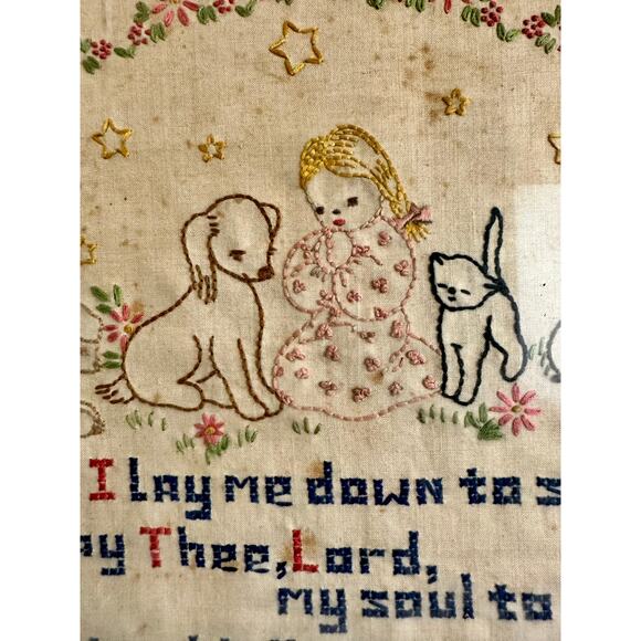 Cross Stitch 1940s Vintage Christian  Prayer for Children Antique Glass Framed - Picture 5 of 10